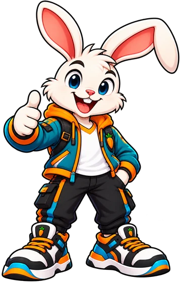 Rabbit Jack, a cheerful white rabbit in a teal and orange hoodie and bright sneakers, giving a thumbs up